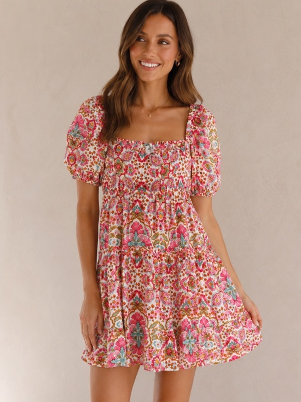MISA LA Women's Kayla Dress Pink Veranda Floral Smocked Mini Dress NWT L #1630